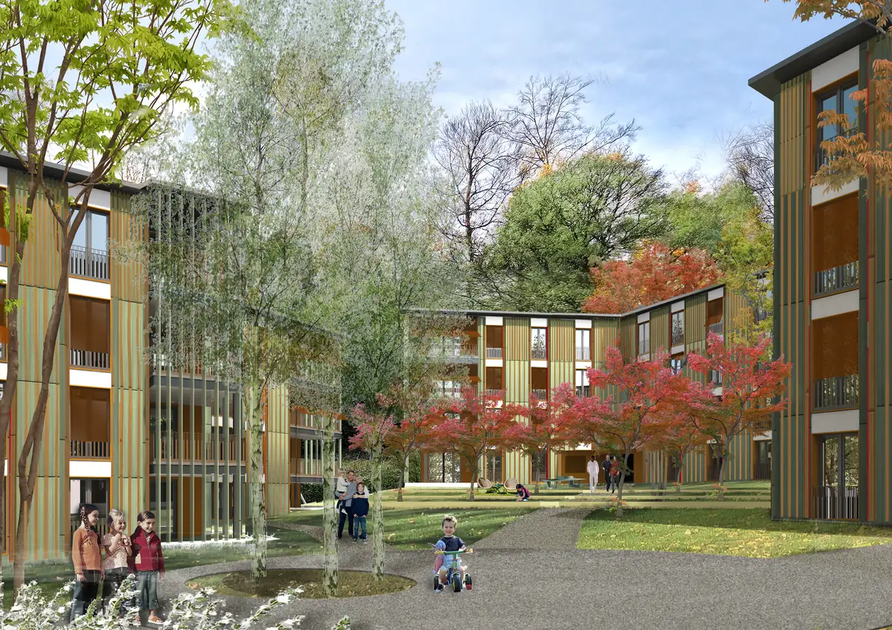 Visualisierung der Neubausiedlung Bramen in Kloten von der Baugenossenschaft Schönheim