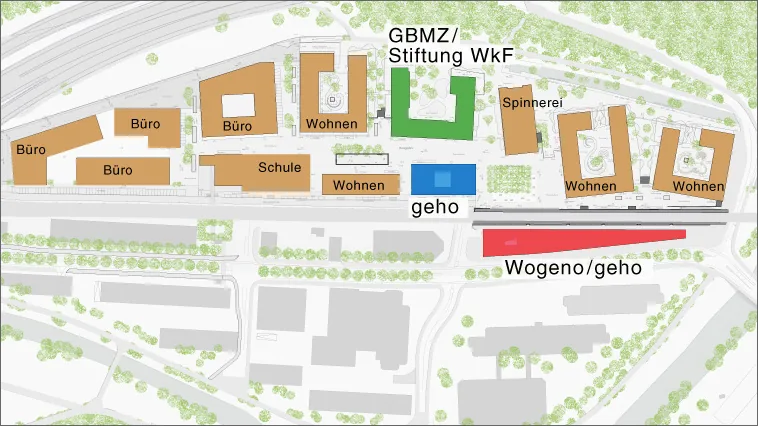 Site plan of the Greencity development, showing residential buildings (rent+ownership), offices, school, and cooperative housing